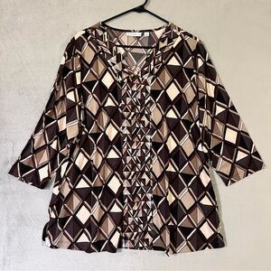 Susan Graver Liquid Knit Top Brown Geometric Tunic Womens plus 2X V-neck